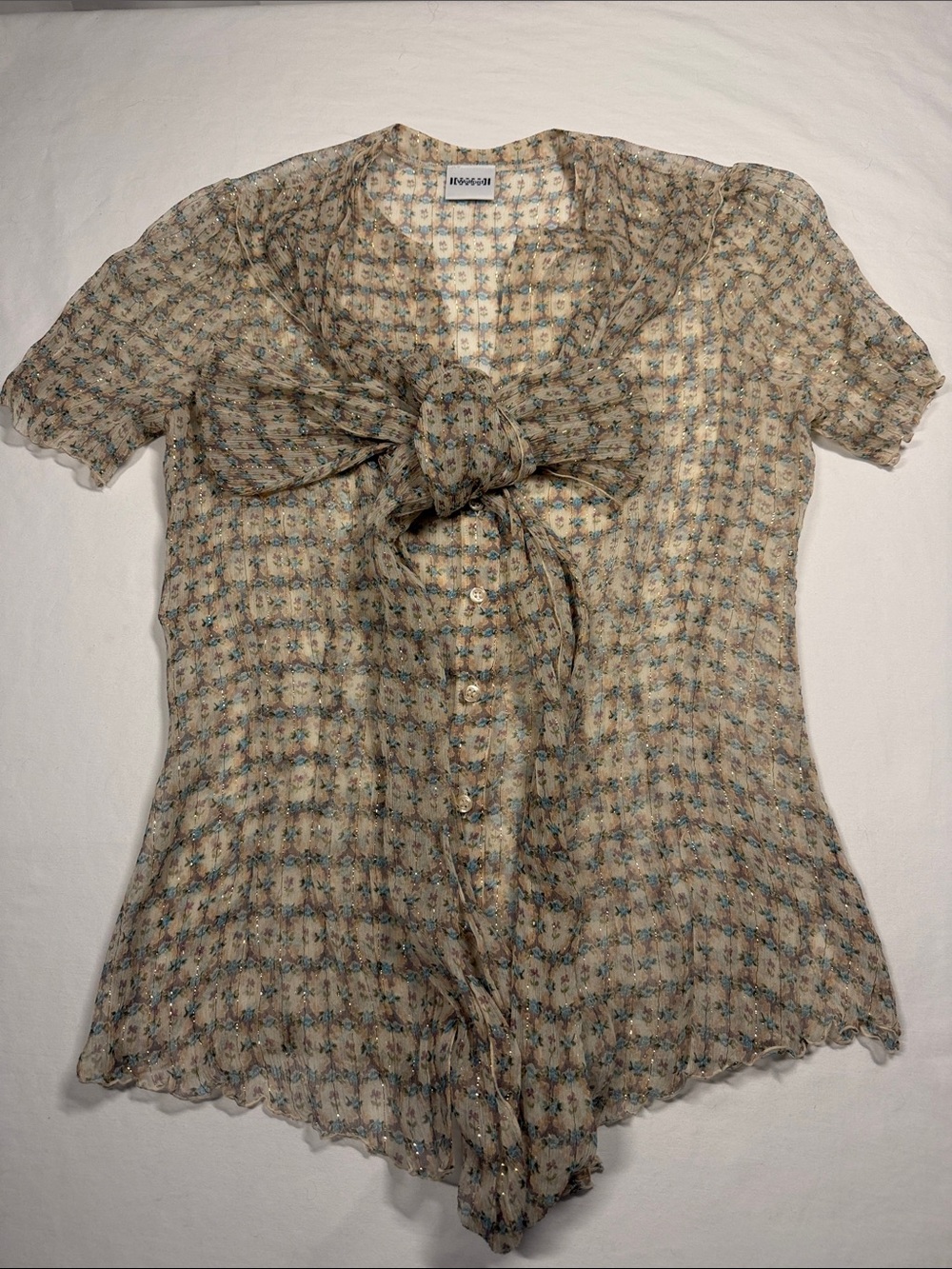 Wolford Woman's Sz 6 96% Silk Beige Floral Sheer Bow-Tie Blouse
